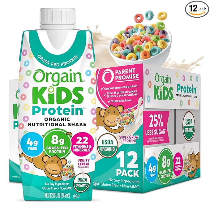 Orgain Organic Kids Nutritional Protein Shake, Fruity Cereal - Kids Snacks with 8g Dairy Protein, 22 Vitamins & Minerals, Fruits & Vegetables, Gluten Free, Soy Free, Non-GMO, 8.25 Fl Oz (Pack of 12)