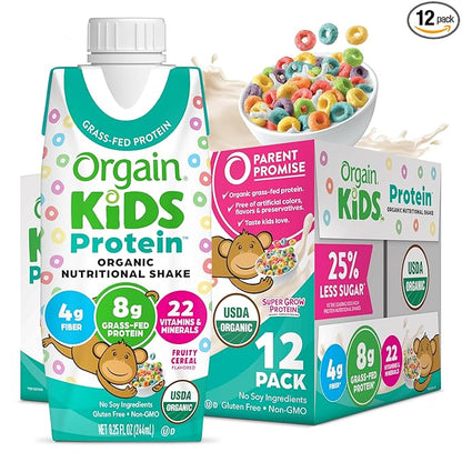 Orgain Organic Kids Nutritional Protein Shake, Fruity Cereal - Kids Snacks with 8g Dairy Protein, 22 Vitamins & Minerals, Fruits & Vegetables, Gluten Free, Soy Free, Non-GMO, 8.25 Fl Oz (Pack of 12)
