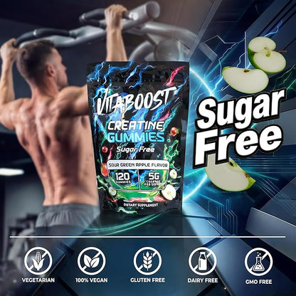 Sugar Free Creatine Monohydrate Gummies – 5g Creatine Per Serving, Sour Green Apple Flavor, Vegan, Low-Calorie, No Artificial Colors, Made in USA (120 Gummies)