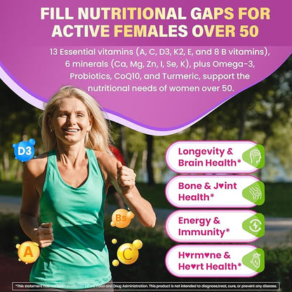 Multivitamin for Women 50 Plus Gummies, Vegan Omega 3, Methylfolate, Calcium, D3 K2, CoQ10, Daily Vitamin A C E, Methylated B12, Biotin, B Complex, Zinc - Bone, Energy, Longevity - Sugar Free, 60Count