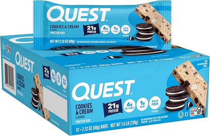 Quest Nutrition Cookies & Cream Protein Bars, 21g Protein, 1g Sugar, 4g Net Carb, High Fiber, Gluten Free, Keto Friendly, 12 Count