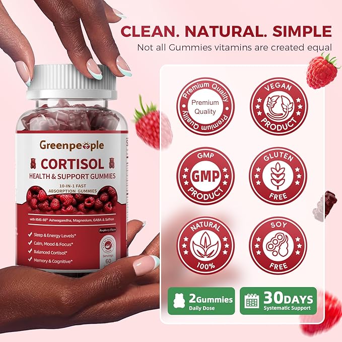 GREENPEOPLE Cortisol Supplements for Women & Men - Cortisol Reducer Detox Manager w/KSM-66 Ashwagandha/Magnesium/L-theanine/GABA/Vitamin B6 for Mood/Sleep/Stress Relief 60 CT Raspberry Flavor Gummies