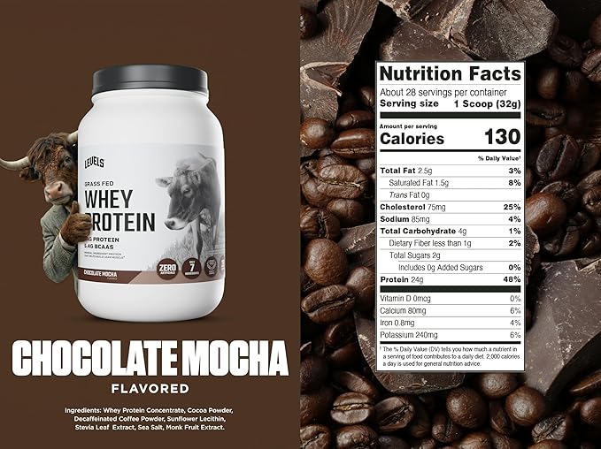 Levels Grass Fed Whey Protein Powder, No Artificials, 24G of Protein, Chocolate Mocha, 2LB