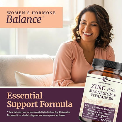 Zinc and Magnesium Supplement with Vitamin B6 | Women’s Hormone Balance, Menstrual Cycle & Immune Support | High Absorption Chelated Magnesium Glycinate with Zinc Picolinate and VIT B6 | 60 Ct