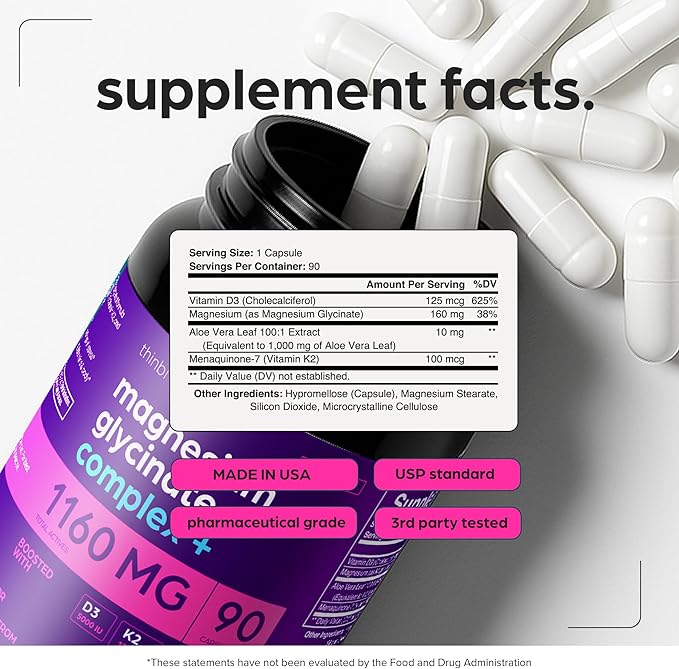 Magnesium Glycinate 1160mg + Aloe Vera, D3 & K2 Complex 90 Capsules - High Absorption, Non-Laxative - Supports, Muscle Function & Healthy Metabolism Chelated Formula