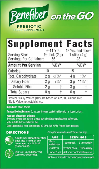 Benefiber On The Go Prebiotic Fiber Supplement Powder for Digestive Health, Daily Fiber, Unflavored - 28 Sticks (3.92 Ounces)