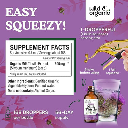 Wild & Organic Milk Thistle Liquid Drops - Liver Cleanse Detox - Silymarin Milk Thistle Supplement for Liver Support - Add to Tea - Silybum Marianum Seed Extract Tincture - Sugar & Alcohol-Free - 4 oz