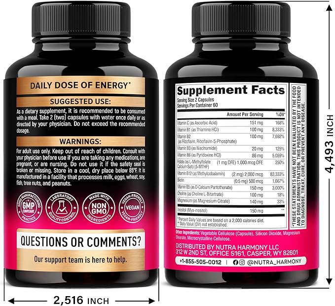 Vitamin B Complex for Men & Women - Made in USA - B-Complex: B1, B2, B3, B5, B6, B7, B8, B9, B12 with Vitamin C, Choline, Inositol - Energy, Brain & Heart Support Supplement, 120 Vegan Capsules