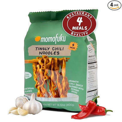 Momofuku Tingly Chili Noodles Ramen Noodles by David Chang, 4 Pack of Restaurant Quality Air-Dried Instant Noodles Now with More Sauce & 11g of Protein