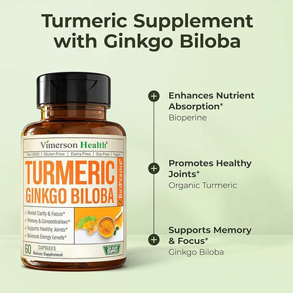 Ginkgo Biloba Supplement with Turmeric Curcumin and Black Pepper for High Absorption - Ginko Biloba Capsules with Curcuma for Focus, Memory Support, Joint & Brain Health - Non-GMO - 60 Vegan Capsules