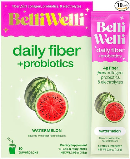 Belli Welli Daily Fiber Supplement Packets with Collagen, Probiotics & Electrolytes | Single Serve Packets for Gut Health, Digestion & Debloating | Watermelon | 10 Count