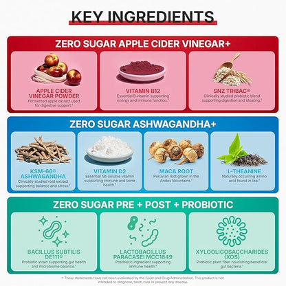 Goli Zero Sugar 6 Pack Bundle - World's First 3-in-1 Pre, Post, Probiotic, Apple Cider Vinegar with Vitamin B12 and Probiotics to Address Bloating, Ashwagandha & L-Theanine, Vitamin D Gummies