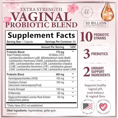Vaginal Probiotics for Women - Gently Support Feminine Health, pH Balance, Healthy Odor & Vaginal Flora - 50 Billion CFU - Improved Formula with Lactobacillus, Prebiotics & Cranberry - 60 Capsules