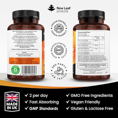 Turmeric Tablets - High Strength Extract with Black Pepper & Ginger (365 Tablets) Active 95% Turmeric Curcumin Supplements, Vegan, GMP, GMO Free Gluten Free, UK Made by New Leaf