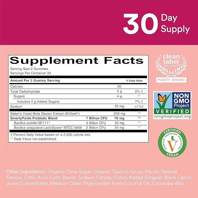 SmartyPants Adult Probiotic & Prebiotic Gummies for Digestive Health: Gut Health Supplement, Clinically Studied Prebiotic for Immune Support, Strawberry, 60 Count (30 Day Supply) (Pack of 2)
