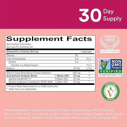 SmartyPants Adult Probiotic & Prebiotic Gummies for Digestive Health: Gut Health Supplement, Clinically Studied Prebiotic for Immune Support, Strawberry, 60 Count (30 Day Supply) (Pack of 2)