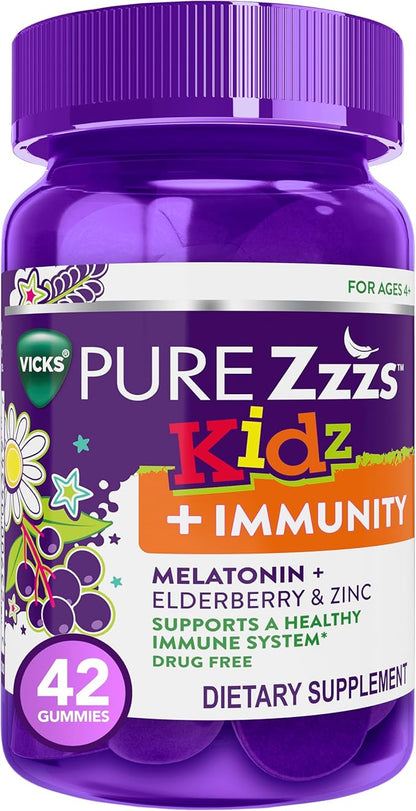 Pure Zzzs Kidz + Immunity by Vicks, Melatonin Sleep Aid Gummies for Kids and Children, Zinc for Immune Support, Low Dose Melatonin, Berry Flavored, 42 Gummies