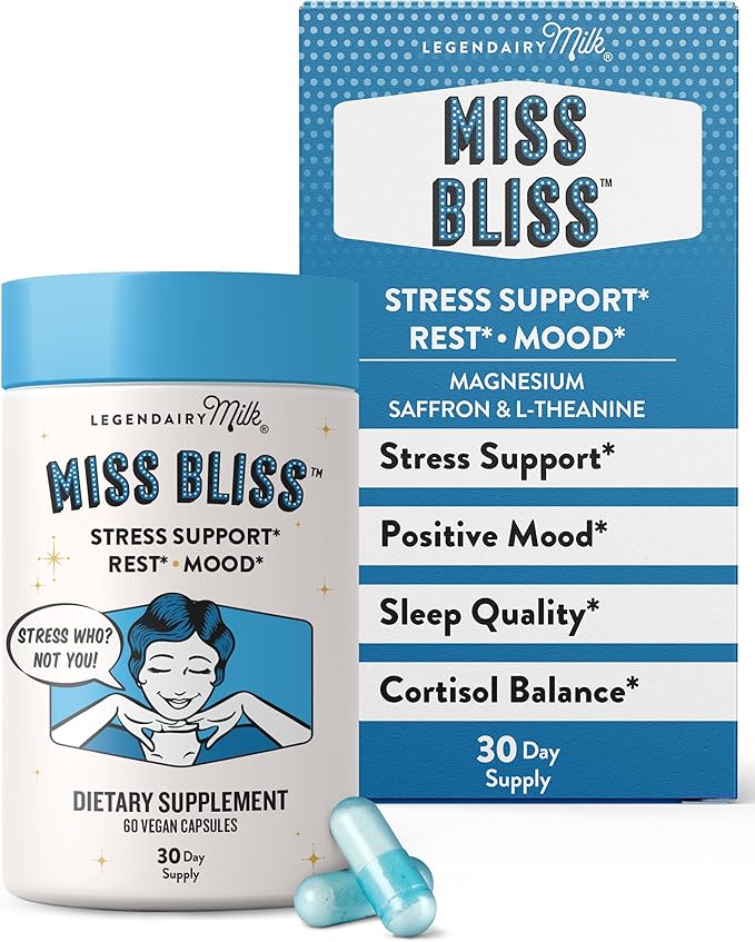 Legendairy Milk Miss Bliss™ Stress Support for Women – Stress Relief Supplement with affron® Saffron, Magnesium Glycinate + Citrate & L-Theanine – Calm & Mood Balance, Non-Drowsy, 60 Vegan Capsules