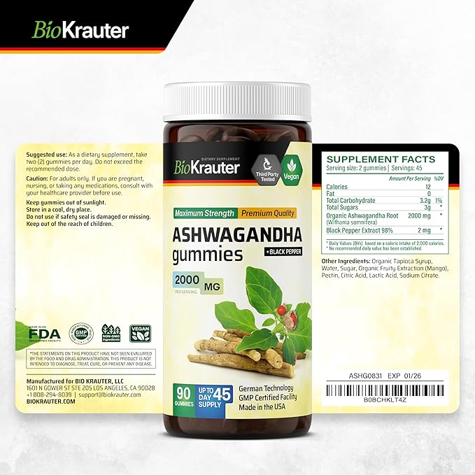 BIO KRAUTER® Ashwagandha Gummies for Mood Magic & Relaxation Support 2000 mg - Vegan Ashwagandha Supplements for Women & Men - 90 Relax Gummies - 45 Days of Supply, Mango Flavor - Non-GMO