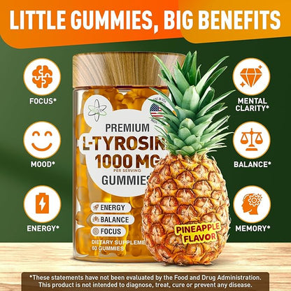 BioVit L Tyrosine Gummies - Activated Amino Acid L Tyrosine Supplement - Natural Focus, Mood and Energy Supplement for Kids & Adults - L-Tyrosine 1000MG per Serving, 500MG per Gummy - 60 Vegan Gummies