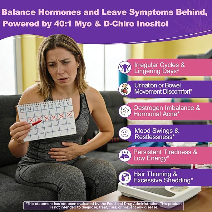 Myo-Inositol & D-Chiro Inositol Gummies + MTHF Folate, Methyl B12, Vitamin B6 & D3, Inositol Supplement for Women for Ovarian, Hormone Balance, PMS, Sleep, Mood & Energy, 40:1 Ratio, Sugar Free, 60Cts