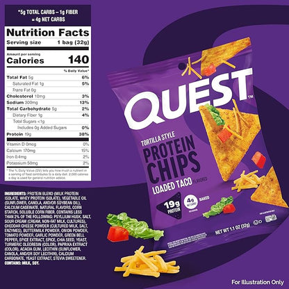 Quest Nutrition Loaded Taco Tortilla Style Protein Chips, 19g Protein, 4g Net Carb, Low Carb, Gluten Free, 1.1 oz (Pack of 4)