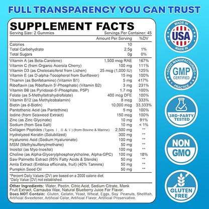 Biotin Gummies 10,000mcg with Collagen - 23-in-1 Hair Growth Gummies for Women & Men - Hair Skin and Nails Gummies with Keratin & Saw Palmetto - Sugar Free Non-GMO, Blueberry, 180 Count