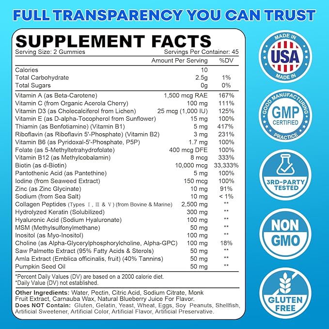 Biotin Gummies 10,000mcg with Collagen - 23-in-1 Hair Growth Gummies for Women & Men - Hair Skin and Nails Gummies with Keratin & Saw Palmetto - Sugar Free Non-GMO, Blueberry, 90 Count