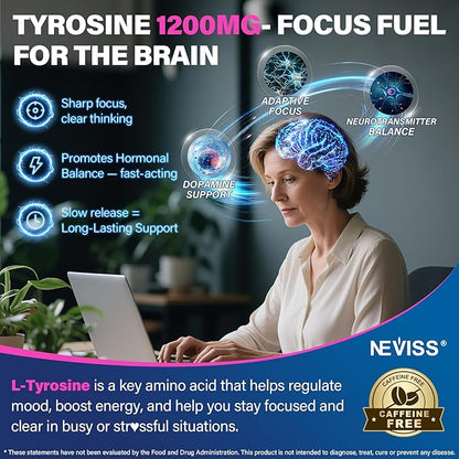 L Tyrosine Gummies Supplement 1200mg, GABA L-Theanine Supplement 200mg with Magnesium Glycinate Vitamin B6, D3 & C - Calm & Focus Gummies - Brain Supplements for Memory, Mood & Relax for Adults, Vegan