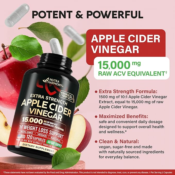 Apple Cider Vinegar Capsules - 15000 mg of Raw Apple Cider Vinegar Equivalent** - 100% Natural Pure ACV - Energy, Metabolism & Weight Loss Support - 3rd Party Lab Tested - 120 Capsules, 60-Day Supply