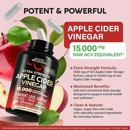 Apple Cider Vinegar Capsules - 15000 mg of Raw Apple Cider Vinegar Equivalent** - 100% Natural Pure ACV - Energy, Metabolism & Weight Loss Support - 3rd Party Lab Tested - 120 Capsules, 60-Day Supply
