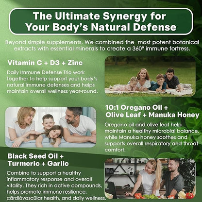 Oil of Oregano with Black Seed Oil Gummies, Elderberry & Garlic, 12-in-1 Oregano Oil Supplement w/ Vitamin C, D3 & Zinc for Immune & Respiratory Support, Aceite de Orégano Cápsulas Replacement, 60 Cts