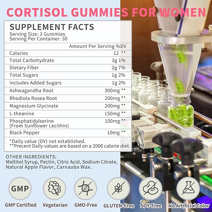 Cortisol Gummies for Women,Cortisol Manager with Ashwagandha,Magnesium,L-theanine,Phosphatidylserine,Rhodiola Rosea,Black Pepper for Mood Support,Adrenal Balance,Sleep,Vegan,Apple Flavor,60 Count