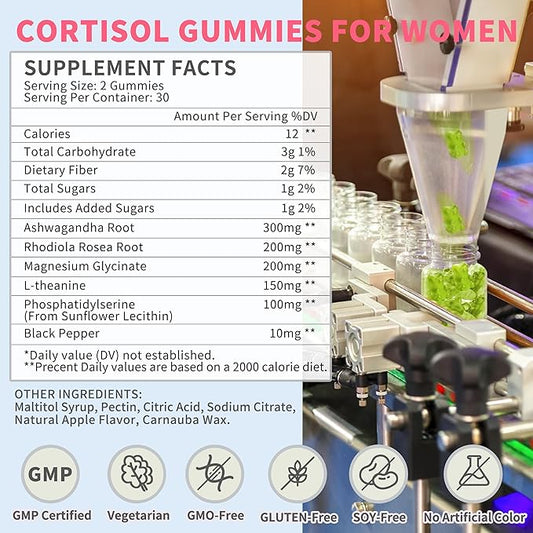 Cortisol Gummies for Women,Cortisol Manager with Ashwagandha,Magnesium,L-theanine,Phosphatidylserine,Rhodiola Rosea,Black Pepper for Mood Support,Adrenal Balance,Sleep,Vegan,Apple Flavor,60 Count