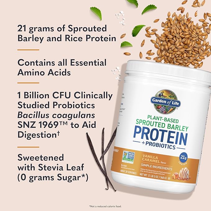 Garden of Life Plant-Based Sprouted Barley Protein, Vanilla Caramel with 21g Protein, 0g Sugar & Clean Ingredients, Upcycled Barley, Probiotics, Non-GMO, use in Shakes, Smoothies & Baking, 20 Servings