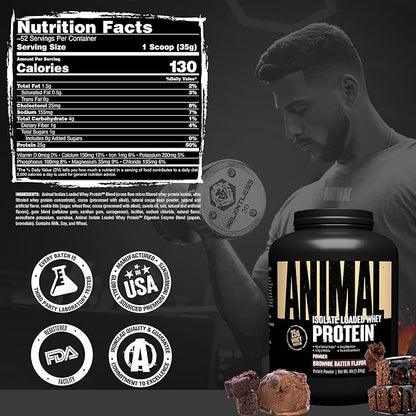Animal Whey Isolate Protein Powder - Loaded for Pre & Post Workout Muscle Builder and Recovery with Digestive Enzymes for Men & Women - 25g Protein, Great Taste, Low Sugar - Brownie Batter 4 lbs