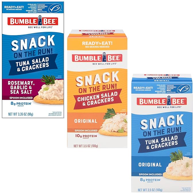 Bumble Bee Snack on the Run Variety Trio (3 Total Kits) - Original Tuna Salad, Rosemary Garlic & Sea Salt Tuna Salad, and Classic Chicken Salad with Crackers - Ready to Eat Protein Snacks