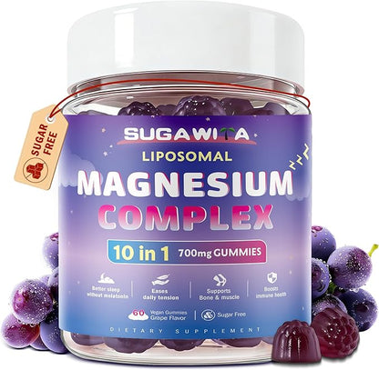 Magnesium Complex for Women, 10 in1 Magnesium Glycinate, Malate, & Citrate, Magnesium Gummies 700mg with Ashwagandha & L-Theanine, Vegan, 30 Servings
