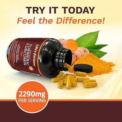 Life's Fortune Organic Turmeric Curcumin with Black Pepper and Ginger, Enhanced Absorption, Extra Strength Supplement, Joint & Immune Support, Non-GMO, 180 Cap - 2250mg