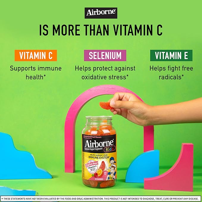 Airborne Vitamin C 500mg (per Serving) - Assorted Fruit Flavored Kids Gummies (63 Count in a Bottle), Gluten-Free Immune Support Supplement with Vitamins C E, Selenium