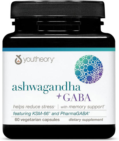 Youtheory Ashwagandha + GABA - Adaptogenic Blend with Organic KSM-66 & Ginger - Aids Stress Relief & Mood* - Supports Energy Levels* - 60 Vegetarian Capsules (30-Day Supply)*