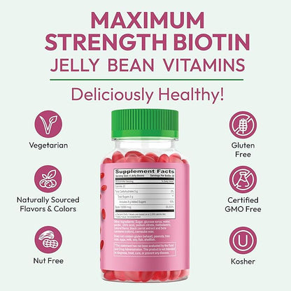 Biotin Jelly Bean Gummy Vitamins, Max Strength Biotin for Hair, Skin and Nails, 10,000mcg per Serving, Hair Growth Vitamins for Men and Women, 120 Strawberry Blast Jelly Beans, Kosher