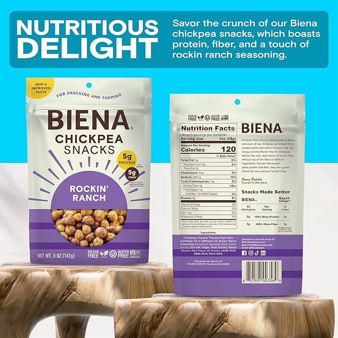BIENA Chickpea Snacks - Crunchy Roasted Chickpeas - High Fiber Vegan Protein Snacks for Adults and Kids - 4-Pack, 5 Ounce Bags - Rockin’ Ranch