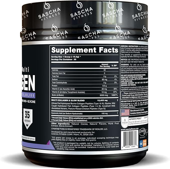 SASCHA FITNESS Hydrolyzed Multi Collagen Peptides Tipes 1,2 & 3 |Hyaluronic Acid|Biotin Cynatine HSN|Vitamin C & E |for Hairs, Skin & Bone Support|Chocolate Flavor