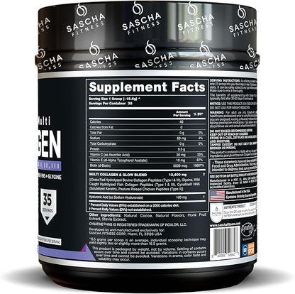 SASCHA FITNESS Hydrolyzed Multi Collagen Peptides Tipes 1,2 & 3 |Hyaluronic Acid|Biotin Cynatine HSN|Vitamin C & E |for Hairs, Skin & Bone Support|Chocolate Flavor