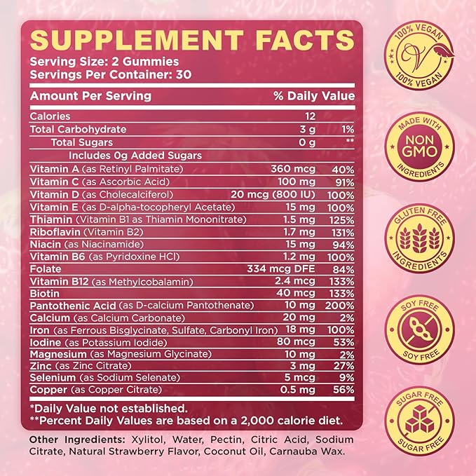 Iron Gummies for Women, Triple Iron Supplement with Multivitamin Iron Gummies with Vitamin C, A, B, Folate, Copper, Zinc for Energy & Blood Support, Immune Health, Vegan, Strawberry Flavor, 60 Counts