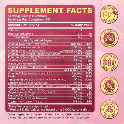Iron Gummies for Women, Triple Iron Supplement with Multivitamin Iron Gummies with Vitamin C, A, B, Folate, Copper, Zinc for Energy & Blood Support, Immune Health, Vegan, Strawberry Flavor, 60 Counts