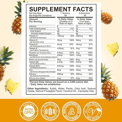 Iron Supplement Gummies for Kids - with Calcium, Zinc, Kids Multivitamin with Iron Gummies - Immune Support, Blood Builder & Energy Support for Iron Deficiency, Anemia, Pineapple Flavor, 60 Gummies