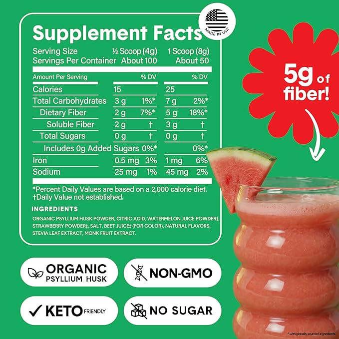 Bellway Super Fiber Powder + Fruit, Sugar Free Organic Psyllium Husk Powder Fiber Supplement for Regularity, Bloating Relief & Digestive Health, Plant-Based, Strawberry Watermelon (50 Servings)