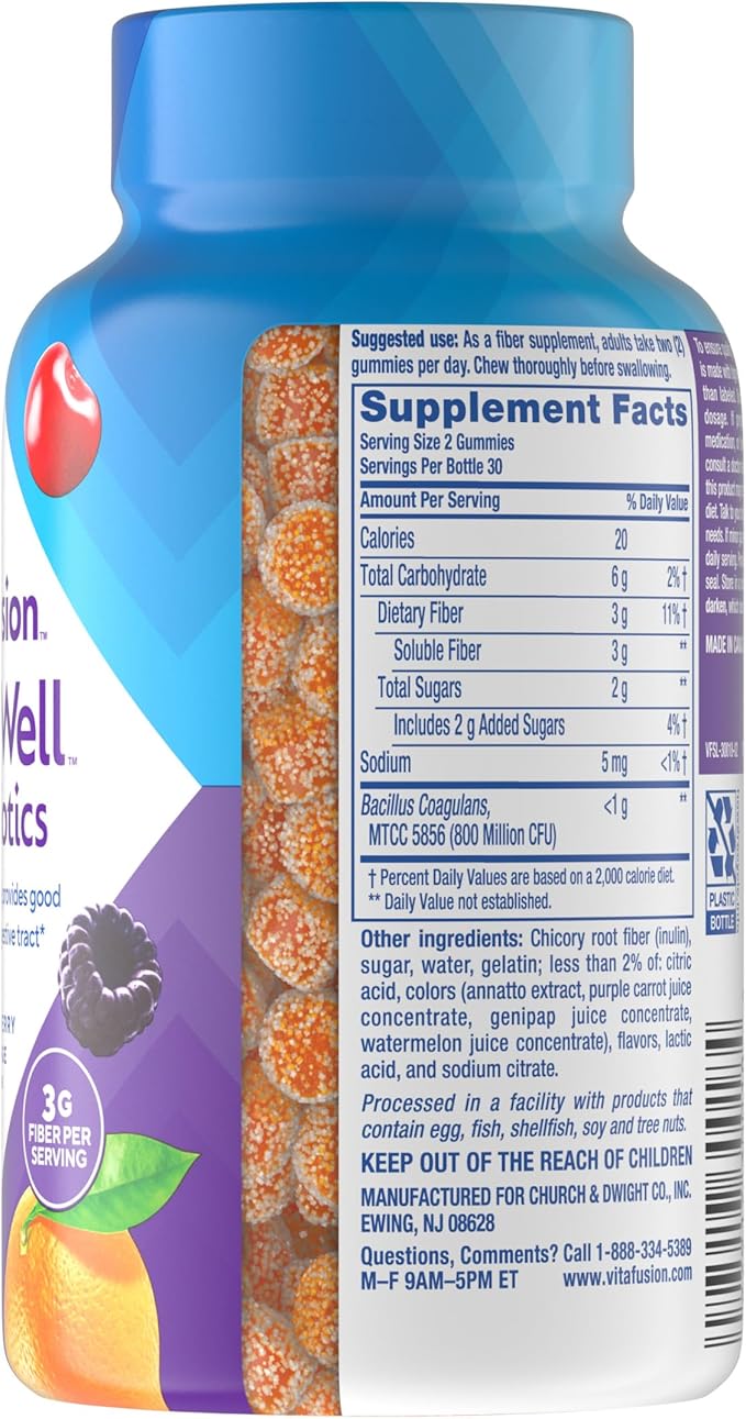 vitafusion Probiotic + Prebiotic Fiber Gummies for Adults, Probiotic Supplement with Prebiotic Fiber to Support Gut Health and Provide Good Bacteria (1), Cherry Berry Citrus Rush Flavor, 60 Count